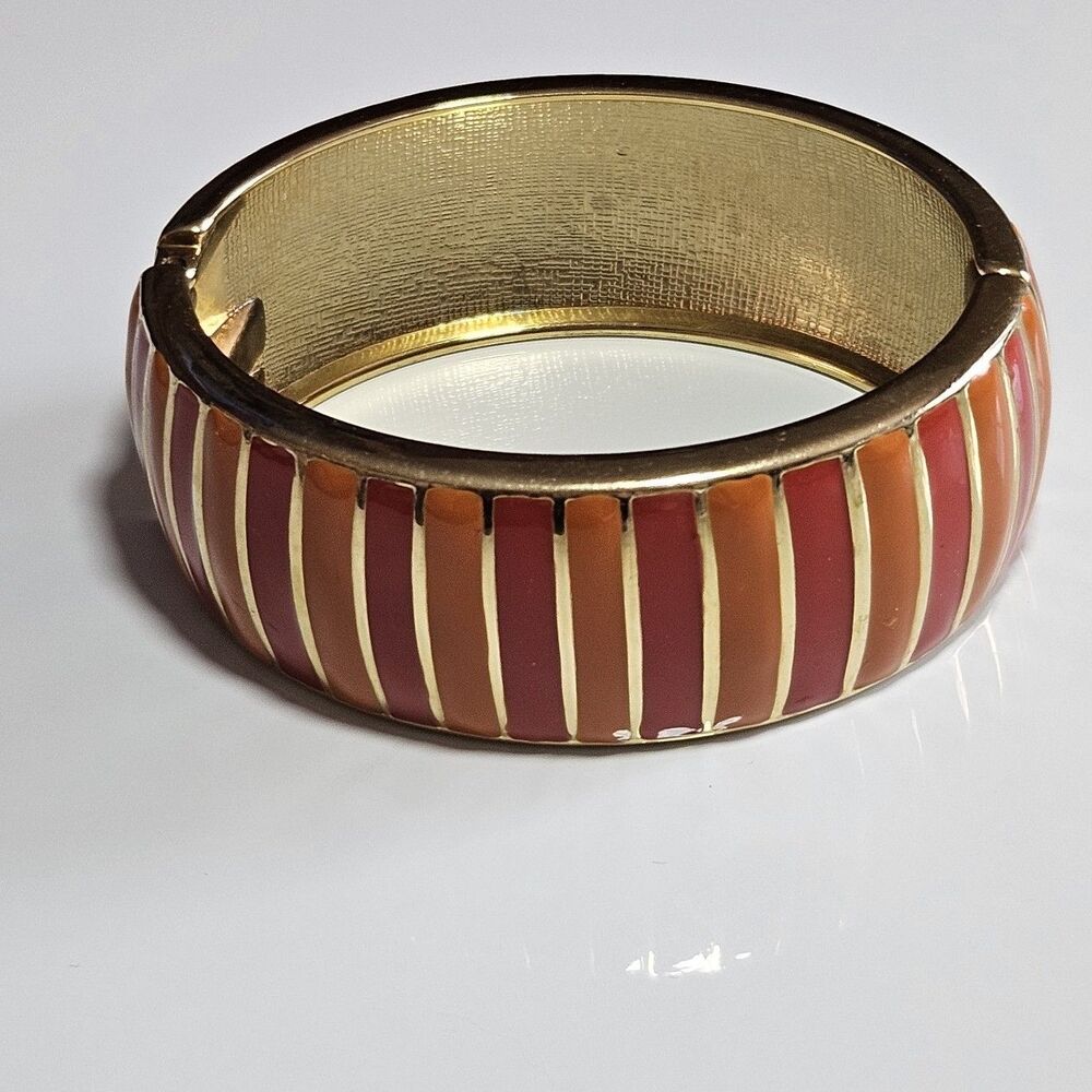 Banana Republic Orange Enamel And Gold Tone Hinged  Bangle Bracelet 6.5" - Picture 10 of 12